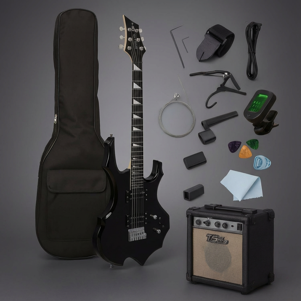 Black Extreme-Shape Electric Guitar Kit with Amplifier